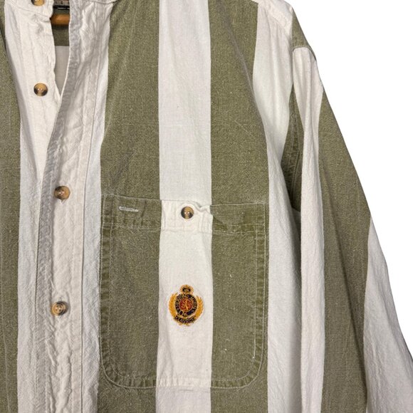 Vintage 90s Green White Stripe Cotton Shirt Preppy Button Down Coastal Grandpa - Picture 4 of 10